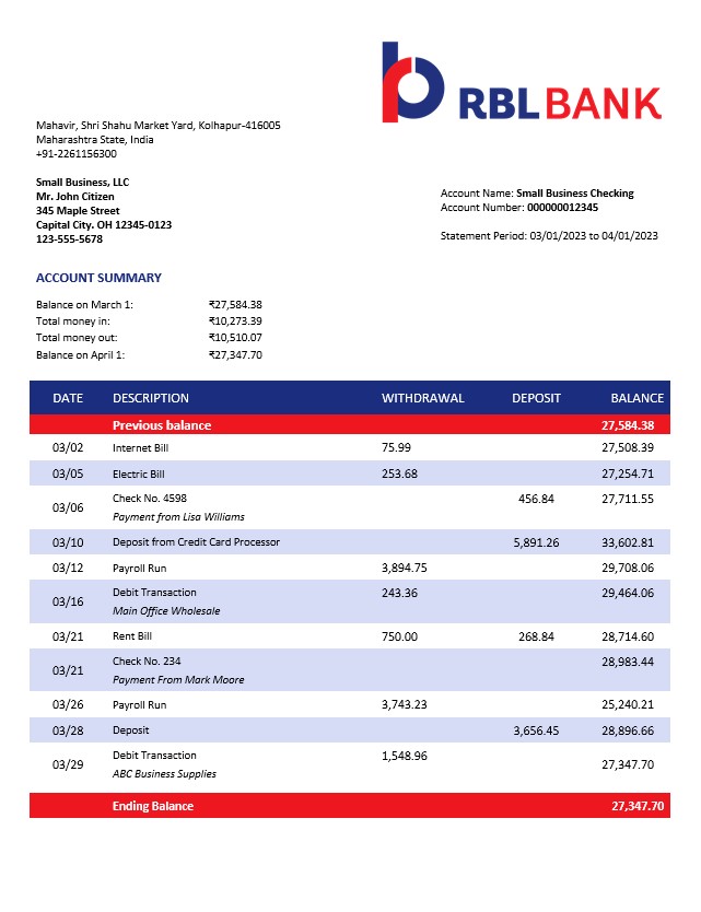 Modèle Word et PDF de relevé de compte d'entreprise RBL Bank